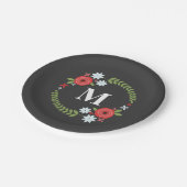 Rood + Blauw Floral Wreatmonogram Papieren Bordje (Gekanteld)