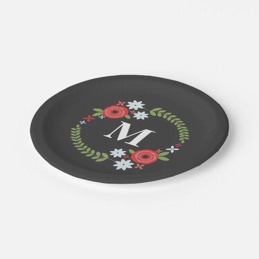 Rood + Blauw Floral Wreatmonogram Papieren Bordje (Gekanteld)