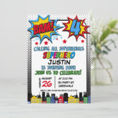 Rood Blauw Geel Bam Superhero 4e Verjaardag Kaart (Staand voorkant)