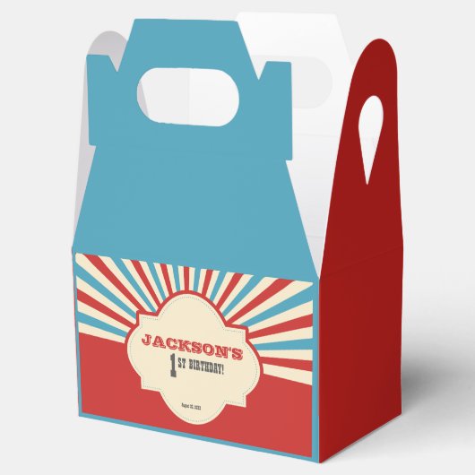 Rood Blauw Geel Circus Rays eerste verjaardagsfees Bedankdoosjes (Geopend)