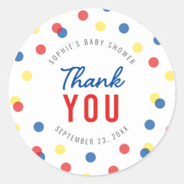 Rood Blauw Geel Confetti Baby shower Dank u Ronde Sticker
