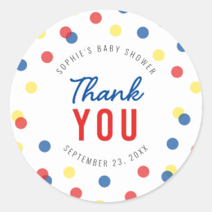 Rood Blauw Geel Confetti Baby shower Dank u Ronde Sticker