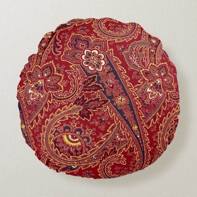 Rood, blauw, geel en wit  Paisley Floral Rond Kussen (Voorkant)