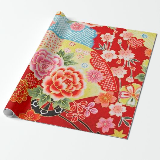 Rood Blauw Geel Japans Kimono Bloemen Decoupage Cadeaupapier (Uitgerold)
