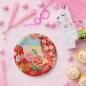 Rood Blauw Geel Japans Kimono Bloemen Papieren Bordje (Feest)