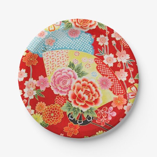 Rood Blauw Geel Japans Kimono Bloemen Papieren Bordje (Voorkant)