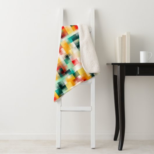 Rood Blauw Geel Wit Abstract Patroon Sherpa Deken (In situ)