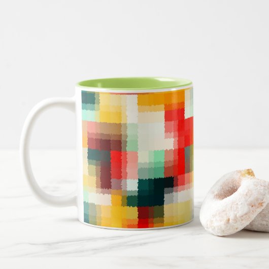 Rood Blauw Geel Wit Abstract Patroon Tweekleurige Koffiemok (Met donut)