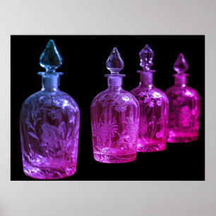 Rood+Blauw Gegraveerde Retro Glazen Parfumflessen Poster