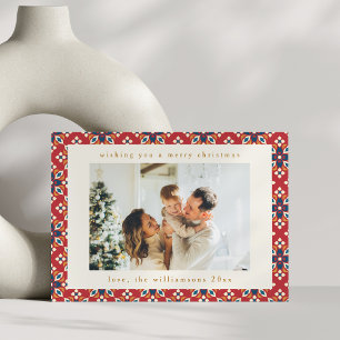 Rood Blauw Geometrisch Twee Foto Kerstmis Feestdagenkaart