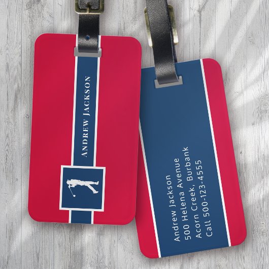Rood Blauw Gepersonaliseerde Monogram Golfer Bagagelabel