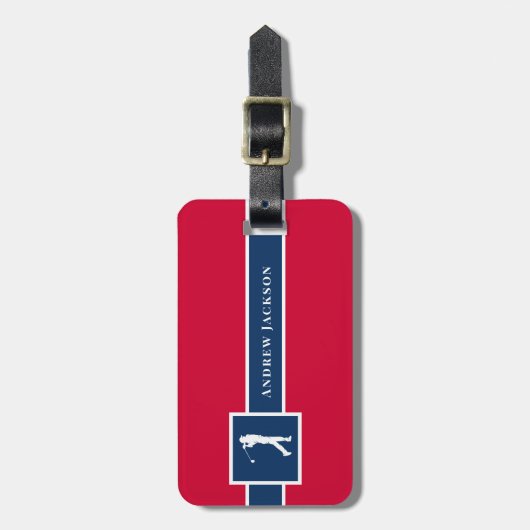 Rood Blauw Gepersonaliseerde Monogram Golfer Bagagelabel (Voorkant verticaal)