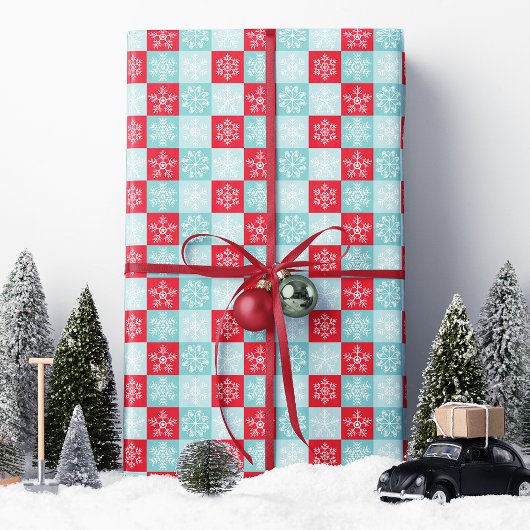 Rood Blauw Geruit Sneeuwvlok Kerstmis Cadeaupapier