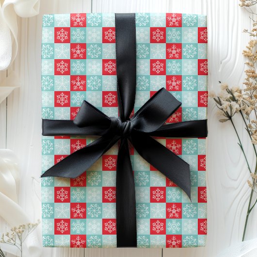 Rood Blauw Geruite Sneeuwvlok Kerstmis Cadeaupapier