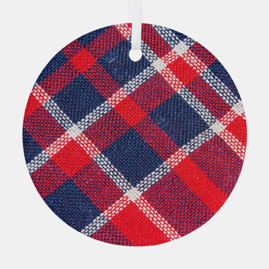 Rood-blauw geruite wollen textuur. glas ornament (Achterkant)