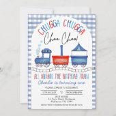 Rood Blauw Gingham Chugga Chugga trein 1e verjaard Kaart (Voorkant)