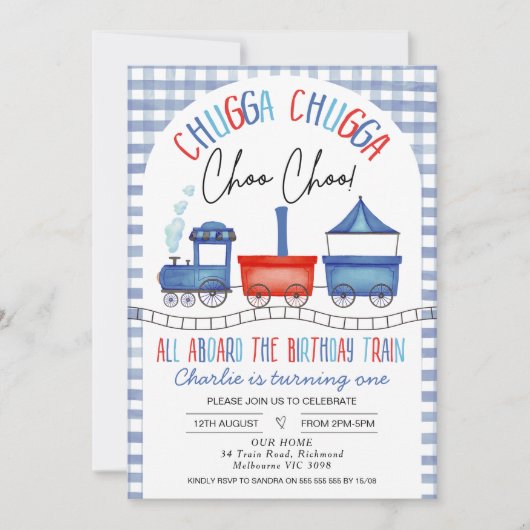 Rood Blauw Gingham Chugga Chugga trein 1e verjaard Kaart (Voorkant)