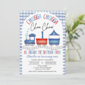 Rood Blauw Gingham Chugga Chugga trein 1e verjaard Kaart (Staand voorkant)