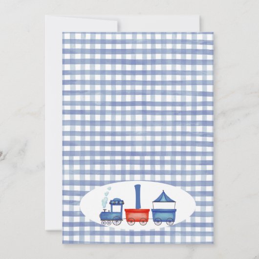 Rood Blauw Gingham Chugga Chugga trein 1e verjaard Kaart (Achterkant)