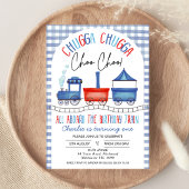 Rood Blauw Gingham Chugga Chugga trein 1e verjaard Kaart