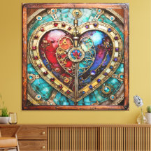 Rood & Blauw Glas-in-Lood Hart Steampunk Serie