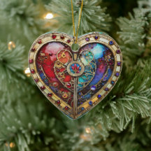 Rood & Blauw Glas-in-Lood Hart Steampunk Serie