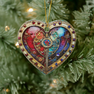 Rood & Blauw Glas-in-Lood Hart Steampunk Serie Keramisch Ornament