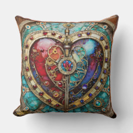 Rood & Blauw Glas-in-Lood Hart Steampunk Serie Kussen