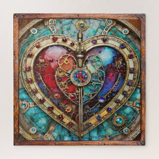 Rood & Blauw Glas-in-Lood Hart Steampunk Serie Legpuzzel (Verticaal)