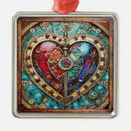 Rood & Blauw Glas-in-Lood Hart Steampunk Serie Metalen Ornament