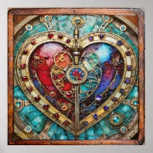 Rood & Blauw Glas-in-Lood Hart Steampunk Serie