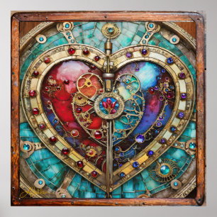 Rood & Blauw Glas-in-Lood Hart Steampunk Serie Poster