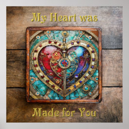 Rood & Blauw Glas-in-lood Hart Steampunk Serie Poster