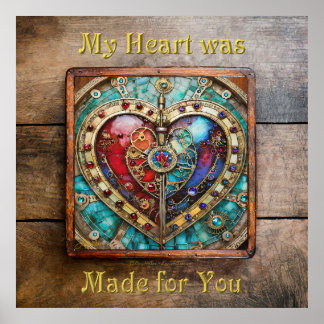 Rood & Blauw Glas-in-lood Hart Steampunk Serie Poster