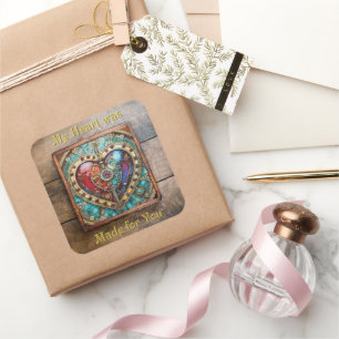 Rood & Blauw Glas-in-Lood Hart Steampunk Serie Vierkante Sticker