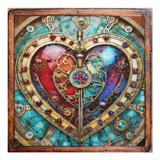 Rood & Blauw Glas in lood Hart Steampunk Series Foto Afdruk (Voorkant)