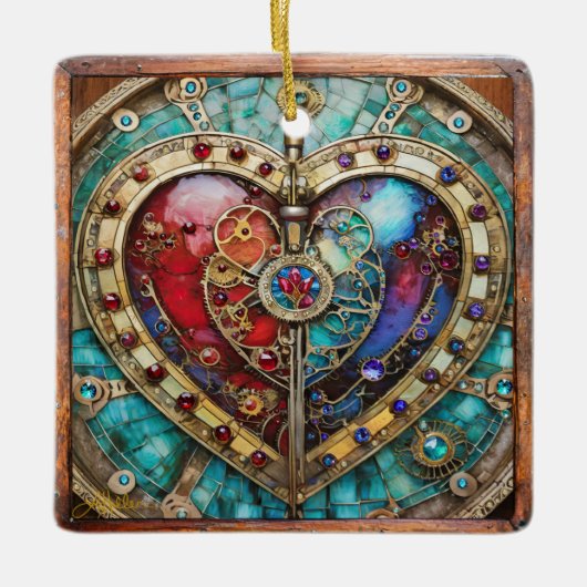 Rood & Blauw Glas in lood Hart Steampunk Series Keramisch Ornament (Voorkant)