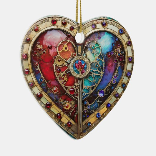 Rood & Blauw Glas in lood Hart Steampunk Series Keramisch Ornament (Rechts)