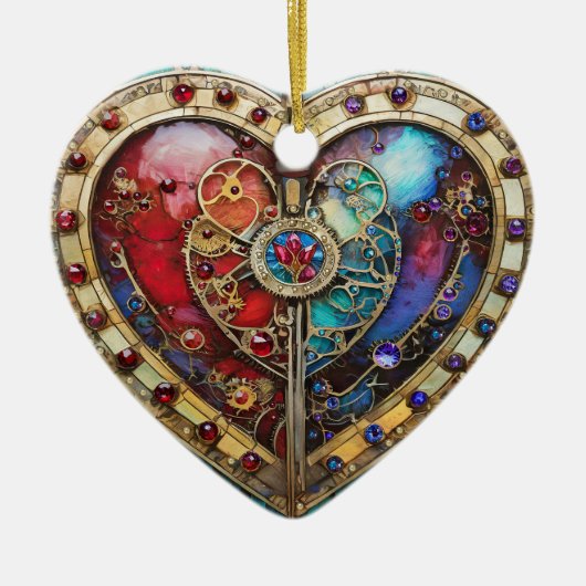 Rood & Blauw Glas in lood Hart Steampunk Series Keramisch Ornament (Voorkant)