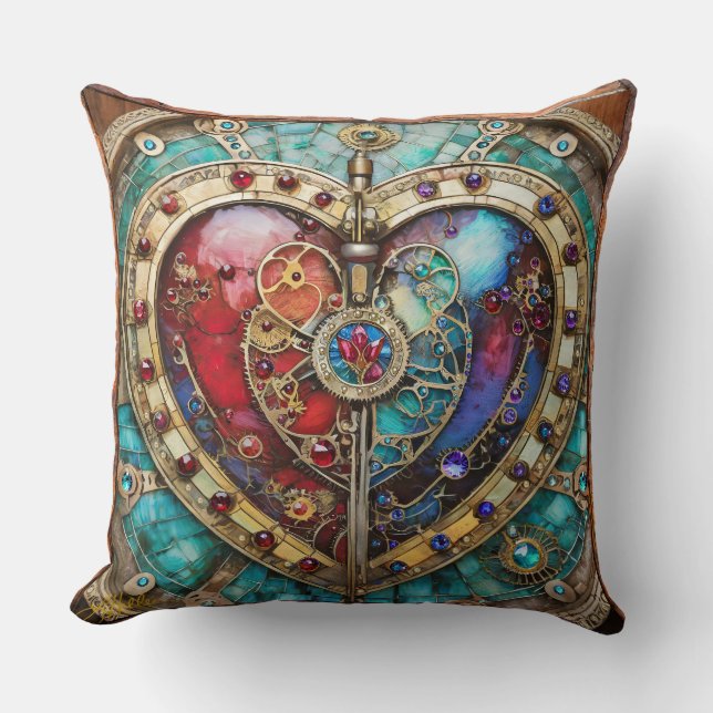 Rood & Blauw Glas in lood Hart Steampunk Series Kussen (Voorkant)
