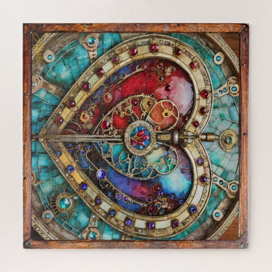 Rood & Blauw Glas in lood Hart Steampunk Series Legpuzzel (Horizontaal)