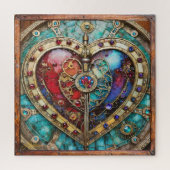 Rood & Blauw Glas in lood Hart Steampunk Series Legpuzzel (Verticaal)