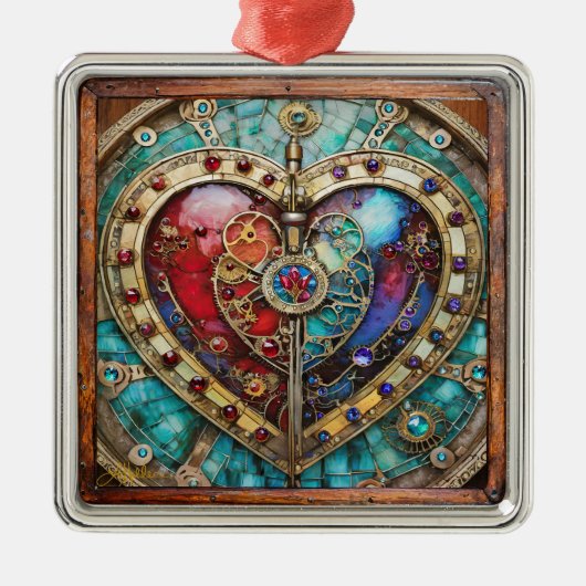 Rood & Blauw Glas in lood Hart Steampunk Series Metalen Ornament (Voorkant)