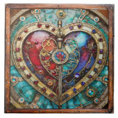 Rood & Blauw Glas in lood Hart Steampunk Series Tegeltje (Voorkant)