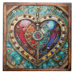 Rood & Blauw Glas in lood Hart Steampunk Series Tegeltje