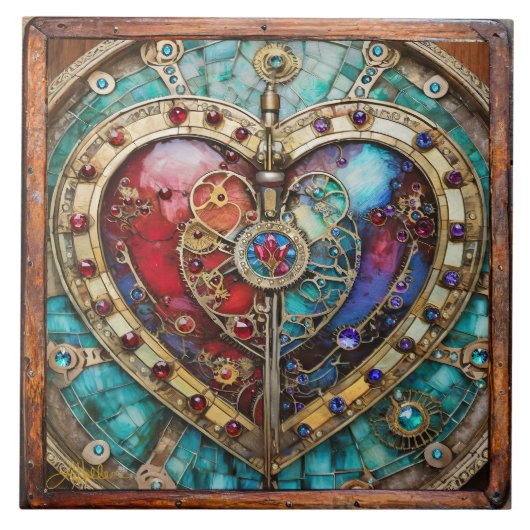 Rood & Blauw Glas in lood Hart Steampunk Series Tegeltje (Voorkant)