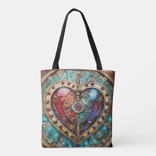 Rood & Blauw Glas in lood Hart Steampunk Series Tote Bag (Achterkant)