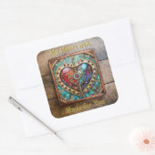 Rood & Blauw Glas in lood Hart Steampunk Series Vierkante Sticker (Envelop)