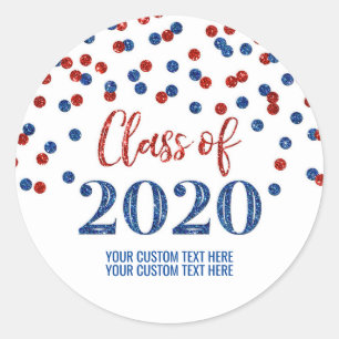 Rood Blauw Glitter Confetti Afstuderen 2020 Ronde Sticker