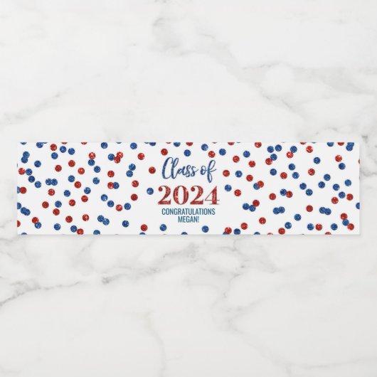 Rood Blauw Glitter Confetti Afstuderen Waterfles Etiket (Enkel label)
